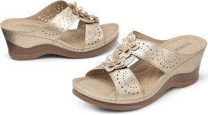 TEMOFON Womens Wedge Sandals Leather: Dressy Sandal, Rubber Sole, Comfortable Walking, Casual Slip on Summer Shoes, Size 5-11 - Image 6